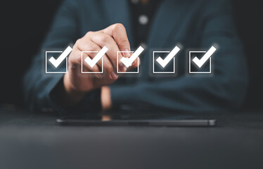 Poster - inspector makes mark on the survey topic ,Checklist with checkmarks and checkboxes ,checklist ideas, online quality assessment ,checkbox to conduct opinion and satisfaction or quality surveys.