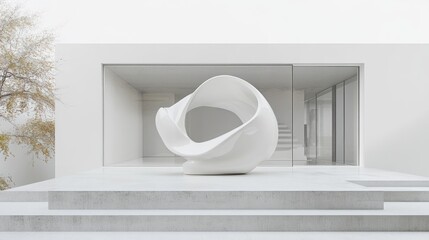 Aufkleber - Abstract white sculpture sits on steps outside modern minimalist house.