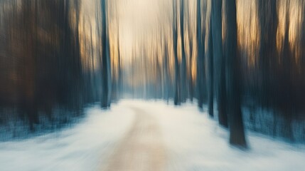 Poster - Abstract winter forest path at sunset, blurred motion effect.