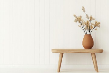 Wall Mural - Minimalist interior with a wooden table and a vase of dried flowers on a white background, perfect for home decor inspiration and seasonal styling