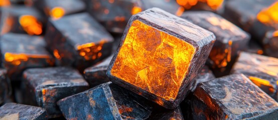 Poster - close up view of glowing orange and dark gray cubic shapes, suggestive of hot metal or gemstones. in