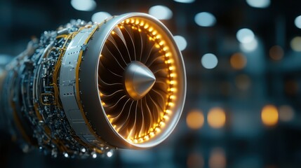 Wall Mural - This high-resolution image showcases a close-up of a modern jet engine, emphasizing its intricate design, glowing components, and advanced engineering features.