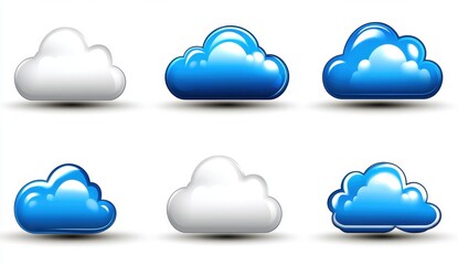 Poster - Collection of six glossy cloud icons in white and blue, rendered in a pixelated style against a white background. Ideal for web design or app