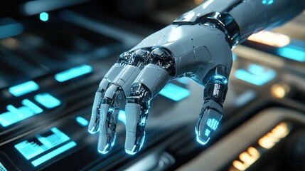 Poster - Futuristic Robotic Hand Interacting with a High-Tech Interface