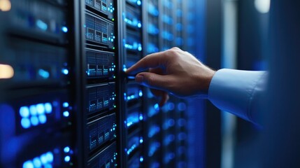 Poster - Server Room Technician, A Close-Up of a Hand Interacting with Advanced Data Center Technology