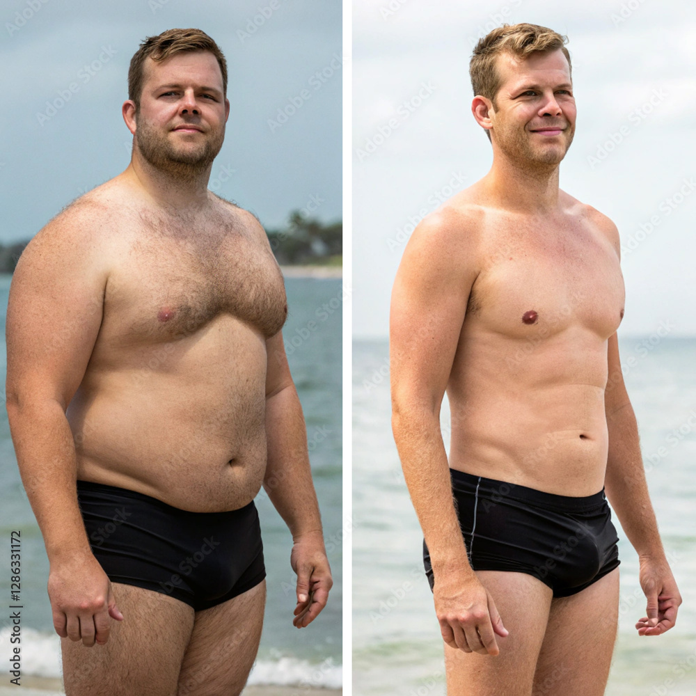 glp 1 before and after men Weight Loss Injections Before and After Photos of a White American Man  Wearing Black Bathing Suit, Closeup Shot Front view, GLP-1 Medication Stock  Photo