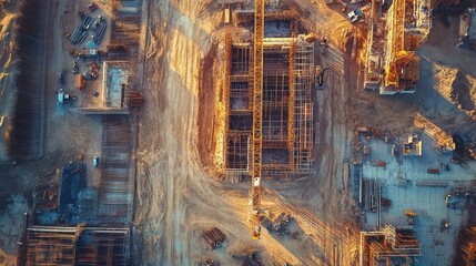 Poster - Aerial view of a large construction site with heavy machinery and workers.