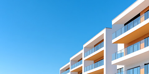 Aufkleber - Apartment complex with white walls and balconies, set against a bright blue sky. Modern architectural design with clean lines and minimalist aesthetic.
