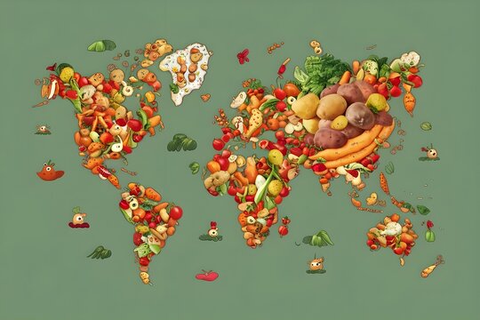 World Food Day. October 16. Holiday concept.Different fresh food are laid out in shape of heart on banner or greeting card.Hyacinth Bean Curry Bowl on Woven Mat.meals fruits and vegetable.