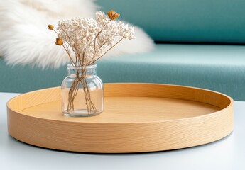 Canvas Print - Dried flowers in a glass vase on a light wood tray, sitting on a white surface with a teal couch and white fur throw in the background. Soft, natural