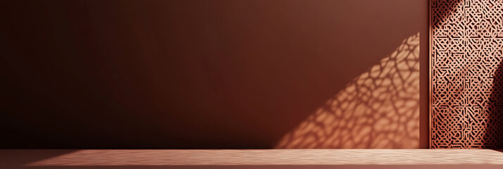 Aufkleber - Minimalist, warm-toned backdrop featuring intricate shadow patterns and detailed latticework, creating an elegant and inviting ambiance.