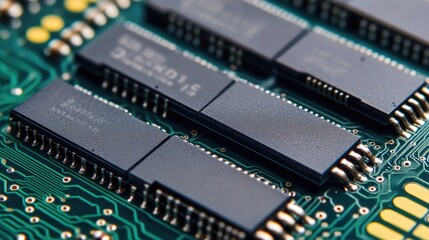 Poster - Close-up of RAM chips on a green circuit board, showcasing the intricate details of computer hardware. High-tech technology components.