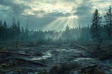Poster - Mystical sun rays piercing through the cloudy sky over a forest clearing with fallen trees, creating an ethereal and tranquil natural scene with a sense of mystery.