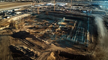 Aufkleber - Aerial view of large construction site with foundation and scaffolding.