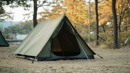Poster - A-frame olive green tent pitched in autumnal woodland campsite.