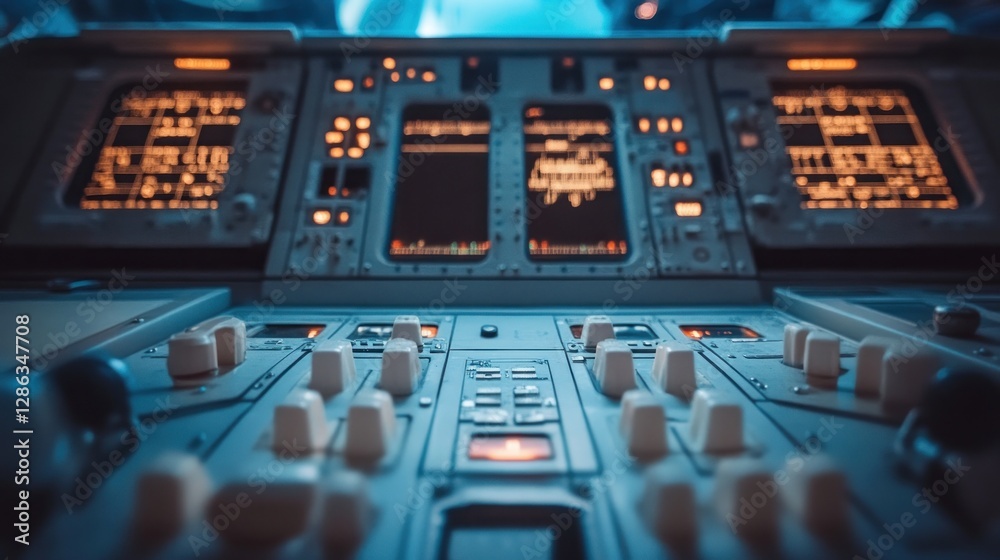 Airplane cockpit control panel with illuminated screens and buttons at ...
