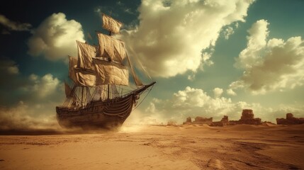 Poster - Antique sailing ship on a desert shore under a dramatic sky.