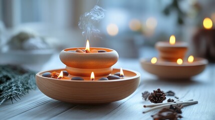 Aufkleber - Aromatic candles burning in wooden holders with stones and pine cones on a white table.