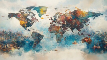 Poster - Artistic watercolor world map with cityscapes and ships, depicting global connection and travel.