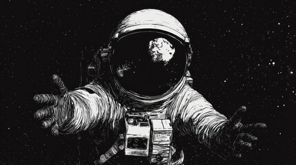 Poster - Astronaut in space, embracing Earth visible in helmet, monochrome illustration.