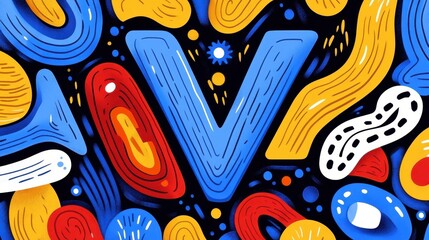 Poster - abstract illustration featuring a stylized letter v surrounded by vibrant, organic shapes in shades 