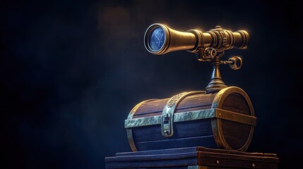 Brass Telescope Atop Wooden Treasure Chest