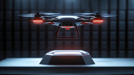 Poster - A drone hovering above a futuristic platform in a dark environment