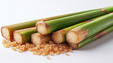 Sugarcane stalks, cut sections, brown sugar granules, white background