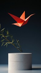 Poster - Red origami bird flying above a small plant on a podium