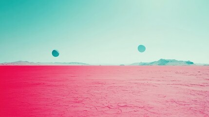 Poster - Pink desert landscape with floating spheres, surreal sky, digital art