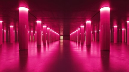 Poster - Pink illuminated corridor, modern architecture, reflective floor, background light