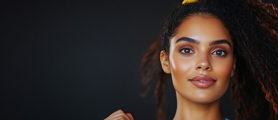 Wall Mural - woman with long hair and a smile on her face. she is wearing a yellow headband