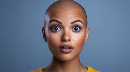 Wall Mural - woman with a shaved head and a yellow shirt. she has a surprised look on her face