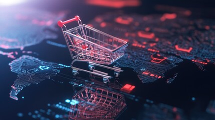 Poster - Shopping Cart on Digital World Map in Futuristic Conceptual Design
