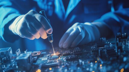 Poster - Technician soldering electronics on a circuit board in lab setting