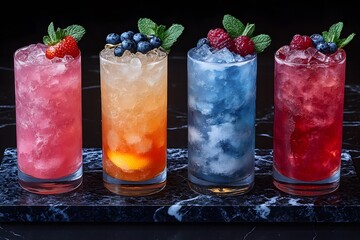 Wall Mural - Refreshing Layered Cocktails with Berries and Mint on Marble Surface for Summer Gatherings