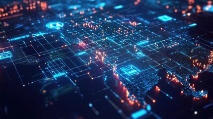 Fototapete - Abstract Digital Network Visualization with Bright Neon Elements