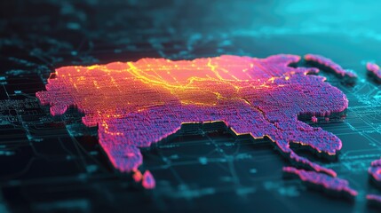 Fototapete - Digital Map Visualization of Asia with Neon Light Effects