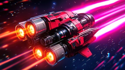 Poster - Red spaceship speeding through nebula, cosmic background, sci-fi artwork