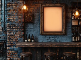 Poster - Wooden Table with Glowing Blank Frame Against Brick Wall  Ideal Mockup Background for Artwork or Photography Displays