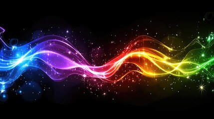 Poster - Colorful Abstract Waves with Stars and Sparkles on Black Background