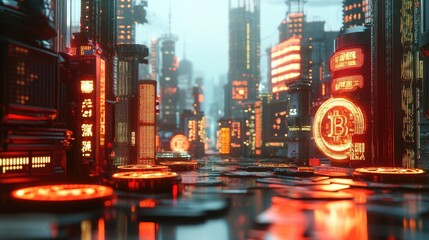 Poster - Futuristic Cityscape with Cryptocurrency Symbols and Neon Lights