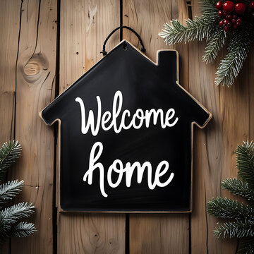 Rustic wooden background, house-shaped chalkboard sign, Welcome Home text