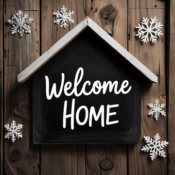 Rustic wooden background, house-shaped chalkboard sign, Welcome Home text
