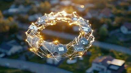 Poster - Sustainable circular economy visual urban environment iconography soft light focus on interlinked symbols of sustainability