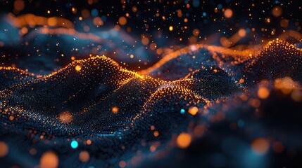 Fototapete - Abstract Digital Landscape with Glowing Particles in Dark Background