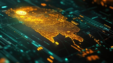Poster - Abstract Digital Map with Glowing Elements on Dark Background