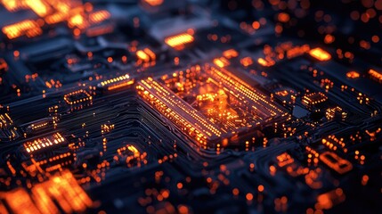 Poster - Vibrant Circuit Board with Glowing Orange Lights in Dark Background
