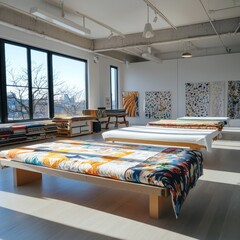 Poster - Vibrant recycled textiles showcase well-lit studio fabric patterns and textures angled view sustainable design