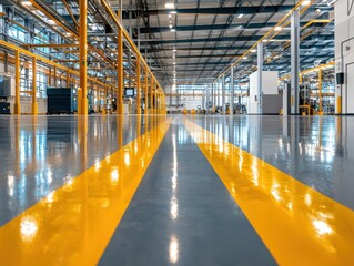 Poster - Low impact manufacturing equipment in action bright industrial setting workflow capture factory environment straight-on view realistic visuals